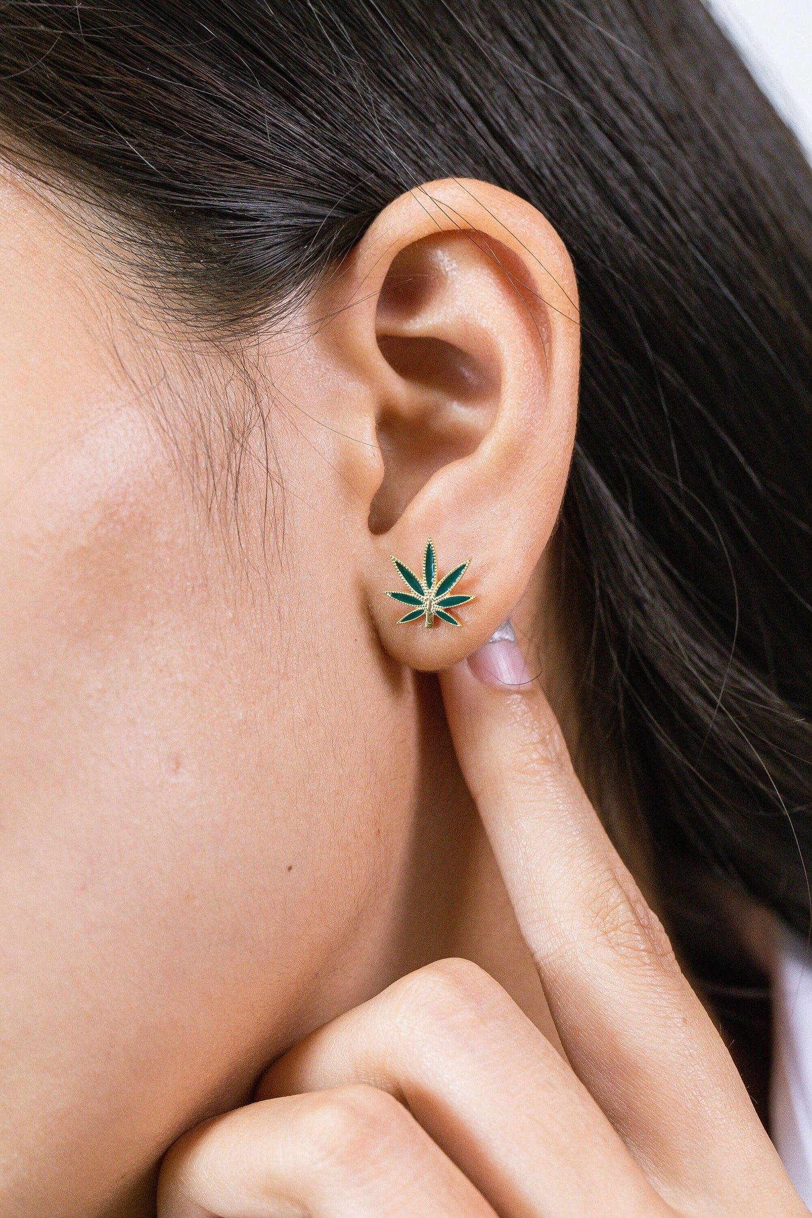 Cannabis Leaf Stud Earrings, Sterling Silver Marijuana Studs, Minimalist Gold Stud Earrings, Gift for Weed Lover